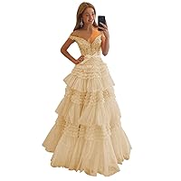 Sparkly Glitter Tulle Prom Dresses Off The Shoulder Long Ball Gown Tiered Laces Ruffles Formal Gown for Women