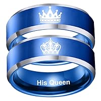 Blue Her King His Queen Crown Rings Couples Stainless Steel Ring, Engagement Wedding Band Anniversary Christmas Valentines Gifts