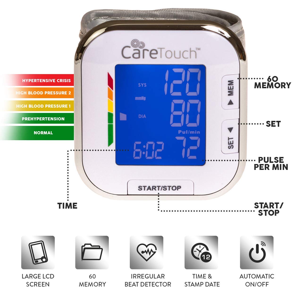 Care Touch Digital Wrist Blood Pressure Monitor, Wrist BP Cuff for Adults Size 5.5-8.5