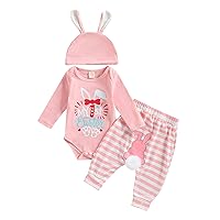 Baby Boy Girl Easter Outfit My First Easter Bunny Romper Shirts Striped PomPoms Tail Pants set 3 Pcs Infant Hat Set