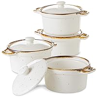 ONEMORE Ramekins with Lids, 12 oz Ceramic Small Casserole Dish with Handles for Baking Creme Brulee Soup, Oven Safe Mini Dutch Oven Rustic Cocotte Set of 4 for Individual Serving, Creamy White
