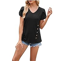 Summer Tops Women Petal Sleeve Casual Tunic Loose Soft V Neck T Shirt Dressy Classy Blouses Holiday Vacation Tee