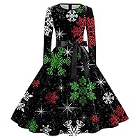 Womens Dresses 2024 Dressy, Women Suitable Vintage Long Sleeve O Neck Christmas Housewife Evening Party Prom P