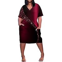 Dresses for Women 2024 Summer Plus Size V Neck Short Sleeve Knee Pocket Prints Casual Dress