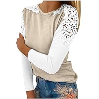 Women Lace Crochet Tunic Shirts Hollow Out Long Sleeve Crew Neck Fall Tops Clothes Casual Fashion Tees Slimming Blouse