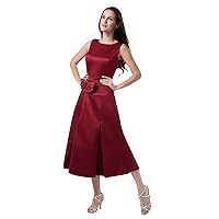 Burgundy Two Tone Tea Length Scoop Mother Of The Bride Dress With Bow