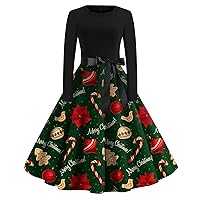 Red Long Sleeve Dress Women's Christmas Printed Flared Dress Round Neck Long Sleeve Dress Party Casual Dresses