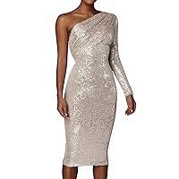 XJYIOEWT Dress with Built in Bra,Women's One Shoulder Slant Neck Wrap Chest Sequins Sexy Evening Dress Date Might Dress