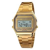 VIGOROSO Men Lady Vintage Retro Gold Stainless Steel Digital Casual Watch Alarm Stopwatch