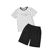 Boy's 2 Piece Outfits Letter Striped Print Short Sleeve Tee Shirts and Track Shorts Sets