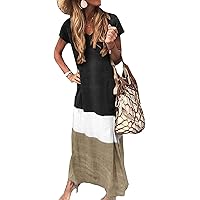 Alsoto Womens Beach Dresses Summer Cotton Linen Short Sleeve Tunic Boho Maxi Dress