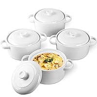 DELLING 28 Oz Soup Bowls with Handles and Lids, Large French Onion Soup Bowls, Ceramic Soup Crocks for French Onion, Oven Safe Bowls for Chili, Beef Stew, Cereal, Pot Pies, Bowls Set of 4, White