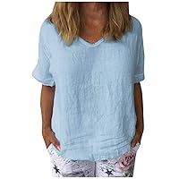Women T-Shirt Tops, 2020 Latest Short Sleeve Cotton Linen O-Neck Soild Color Print Blouse Plus Size Top Pullover