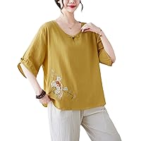Embroidered Flowers Stand Collar Buckle Half Sleeve Shirt Women's Cotton Linen Spring Summer Shirt Female