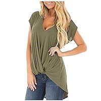 Women Front Twist High-Low Hem T-Shirts Summer Cap Sleeve V Neck Tunic Tops Casual Loose Fit Trendy Solid Tee Shirts