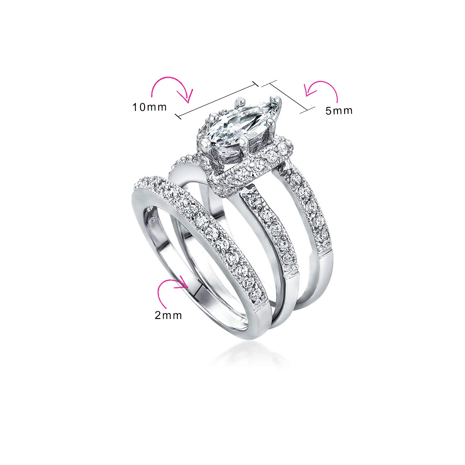 Personalize 1.5-2.5CT Cubic Zirconia Enhancer Guard Round Solitaire Halo Marquise AAA CZ Baguette Band Inset Anniversary Statement Engagement Ring Wedding Set .925 Sterling Silver Customizable
