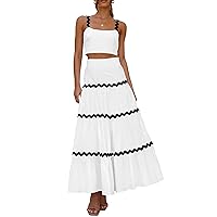 PRETTYGARDEN Womens 2024 Summer Two Piece Vacation Beach Outfits Dressy Sleeveless Cropped Tank Tops and Long Maxi Skirt Sets