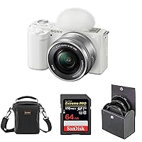 Sony ZV-E10 APS-C Mirrorless Interchangeable Lens Vlogging Camera with 16-50mm Lens, White - Bundle with 64GB SD Card, Shoulder Bag, 40.5mm Filter Kit