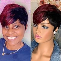 Short Bob Wig Human Hair Red Burgundy 99J Ombre Color Short Wavy Bob Pixie Cut Wig for Black Women Full Machine Made Non Lace Layered Style Bob Cut Human Hair Wigs Short Wigs Human Hair