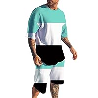 Men Short Sets Outfits Patchwork Short Sleeve T Shirt And Shorts Set Loose-Fit Casual Workout Beach Casual Suit With Pockets