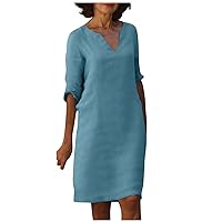 Short Dresses for Women 2024, Dresses for Women 2024 Elegant Flowy Dress V-Neck Dress Women's Summer Short Sleeve Trendy Solid Color 2024 Lace Splicing Womens Cotton Linen Loose (Light Blue,Large)