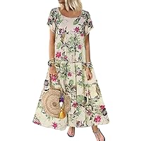 Akivide Women’s Casual Cotton and Linen Short Sleeve Dress Summer Loose Fitted Floral Print Crewneck Plus Size Maxi Dresses