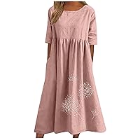 Women Summer Cotton Linen Maxi Dress Loose Solid Color Casual Boho Dresses Plus Size Beach Long Sundress with Pocket