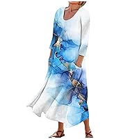 Summer Bodycon Dresses for Women,Women's 3/4 Length Sleeve Casual Printed Dress Crew Neck Comfortable Dress with Pockets