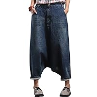 Women's Elastic Waist Denim Trousers Cotton Jeans Big Crotch Harem Pants