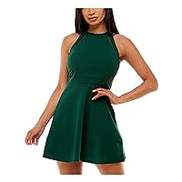 Womens Green Stretch Zippered Darted Illusion Insets Cut Out Sleeveless Halter Mini Party Fit + Flare Dress Juniors L