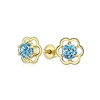 Tiny Minimalist AAA Gemstone CZ Birthstone Colors Cluster Open Flower Yellow 14K Real Gold Stud Earrings For Women Teen Secure Screw back