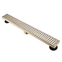 Linear Shower Drain 24 Inch, Bathroom Rectangular Floor Drain with Removable Cover Grid Grate, Adjustable Leveling Feet, Hair Strainer, SUS304 Stainless Steel Trench Drains, Brushed Gold