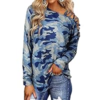 Women Off Shoulder Long Sleeve T-Shirt Casual Camouflage Print Shoulder Strap Blouse Fashion Loose Fitted Tunics Tops