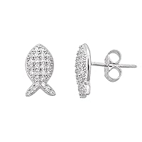 Sterling Silver Rhodium Pave Fish Stud Earring