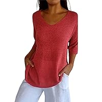 Womens Basic Tshirt Loose Fit Knitted Short Sleeve Casual Summer Tops Crewneck Drop Shoulder Tshirts Home T-Shirt