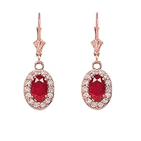 DIAMOND AND RUBY OVAL LEVERBACK EARRINGS IN ROSE GOLD - Gold Purity:: 14K