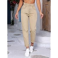 Jeans for Women Pants for Women Women's Jeans Paperbag Waist Button Fly Mom Fit Jeans (Color : Khaki, Size : W30 L32)