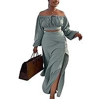 Vakkest Women's 2 Piece Outfits Boho Floral Print Off Shoulder Puff Long Sleeve Crop Top and Ruffle Split Maxi Skirt Set