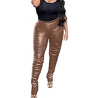 Womens Faux Leather Pants PU Coated Legging Women Faux Leather Leggings Pile Pants High Waist Sexy Leather Pants