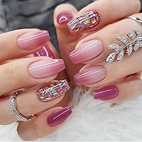 Short Press on Nails Coffin Fake Nails Pink White Gradient Nails Press ons Pink Sparkles Full Cover Acrylic False Nails with Glitter Sequins Designs Stick on Nails Artificial Nails for Women 24Pcs
