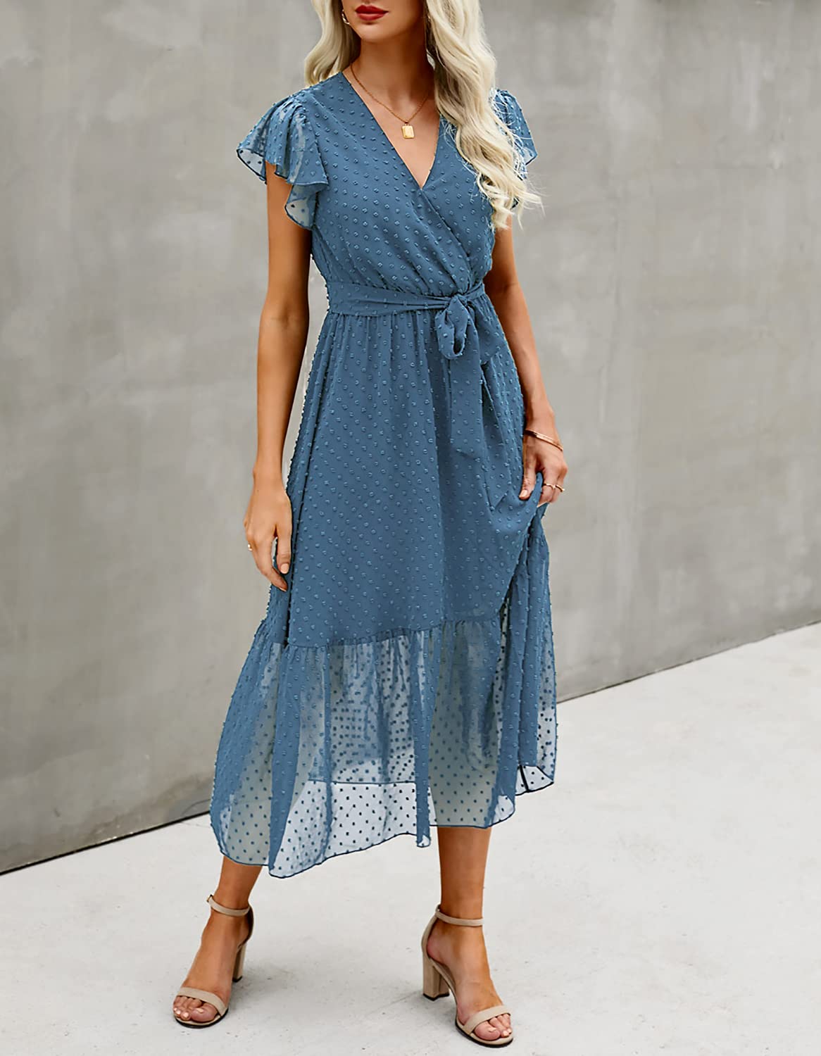 BTFBM Women Summer Bohemian Floral Casual Wrap V Neck Ruffle Cap Sleeveless Belt A-Line Pleated Hem Swing Midi Sun Dress