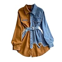 Dresses for Women Spring Denim Splicing Corduroy Lapel Dress Belt Thin Short Elegant Length Skirt