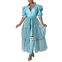 Tcremisa Women's Casual Flowy Swing Blouse Mesh See Through Shirts Dress with Belt V Neck Button Down Clubwear
