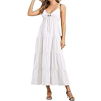 IMEKIS Women Summer Spaghetti Straps Maxi Dress Sleeveless Plunging Neck Ruffle Long Dress Backless Tiered Flowy Beach Dress
