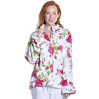LA CERA Women Floral Microfleece Bed Jacket with Mandarin Collar, Long Sleeves, Front Pockets, Button Front, 100% Polyester