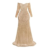Prom Dress Long Sleeves Beaded Pearls Sequin Pageant Mermaid Celebrity Gala Evening Dress