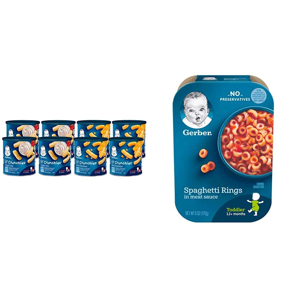 Gerber Lil Crunchies, Mild Cheddar & Veggie Dip, 8 Count & Spaghetti Rings in Meat Sauce, 6 Ounce (Pack of 6)