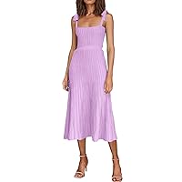 Women's 2024 Summer Maxi Dresses Tie Spaghetti Strap Square Neck Ribbed Knit Dress