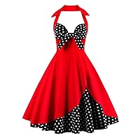 Women Vintage 1950s Rockabilly Swing Dress 50s Pinup Retro Hepburn Style A-Line Halterneck Floral Dresses