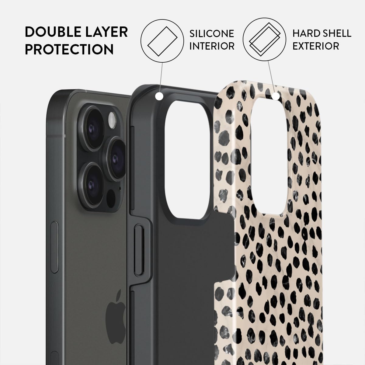 BURGA Phone Case Compatible with iPhone 15 PRO - Hybrid 2-Layer Hard Shell + Silicone Protective Case -Black Polka Dots Pattern Nude Almond Latte - Scratch-Resistant Shockproof Cover